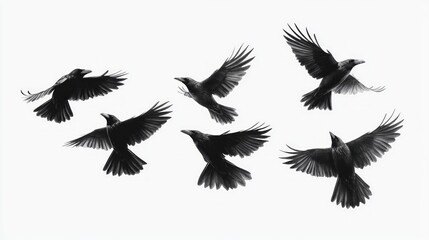 Obraz premium A flock of six black crows in flight, isolated on a white background.