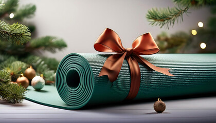 Yoga Mat Rolled with a Bow and Holiday Decor