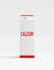 White carton box with red stripes containing calcium on white background