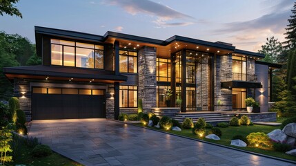 Fototapeta premium Modern Luxury Home with Stone Facade and Illuminated Landscape