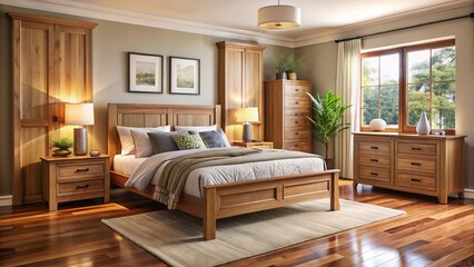 Fototapeta premium Discover the charm of Australian hardwood bedroom furniture, creating a cozy, elegant retreat where sophistication meets comfort in your personal