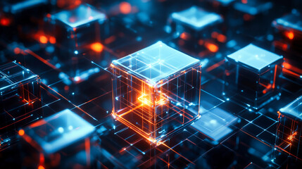 Interconnected transparent cubes in an abstract technology composition