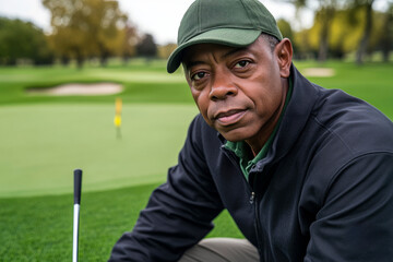 Man in cap kneeling on golf course green