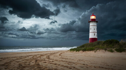 Fototapeta premium Dramatic landscape featuring a solitary lighthouse on a sandy beach