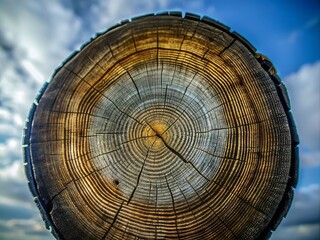 Naklejka premium A detailed view of a tree trunk cut reveals gorgeous annual rings, showcasing nature's stunning minimalist artwork and the passage of time captured