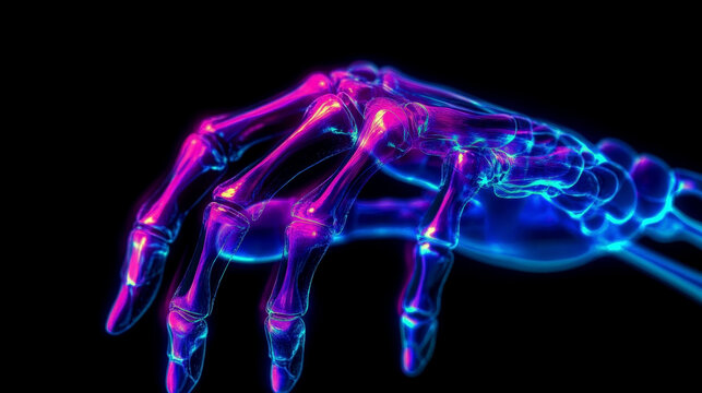 Rheumatoid Arthritis Day. Scan of a sore hand with inflamed joints on a black background. 3D illustration. Rheumatoid arthritis symptom on human joints and bones. Horizontal banner. Copy space - Powered by Adobe