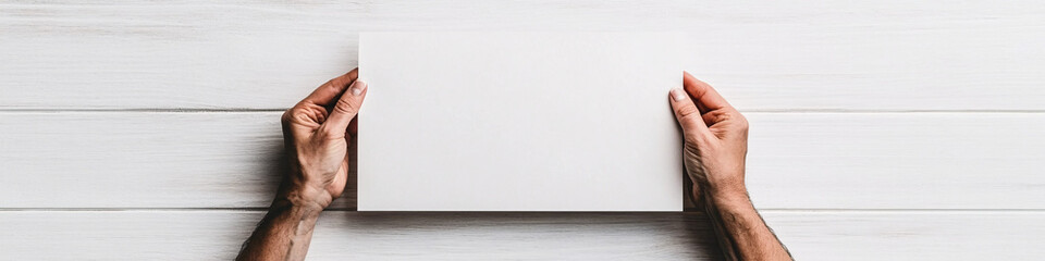 Obraz premium Hands holding blank white paper on wooden table