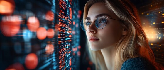 Professional portrait of a blonde Caucasian woman in information technology, surrounded by data flow visuals, representing a data analyst, with copy space