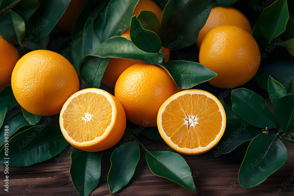 Poster fresh orange fruits with leaves