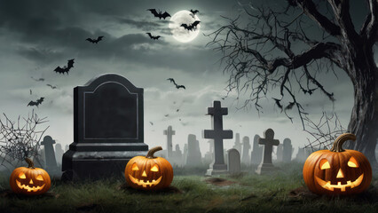 tombstone background with pumpkin and bats in the night