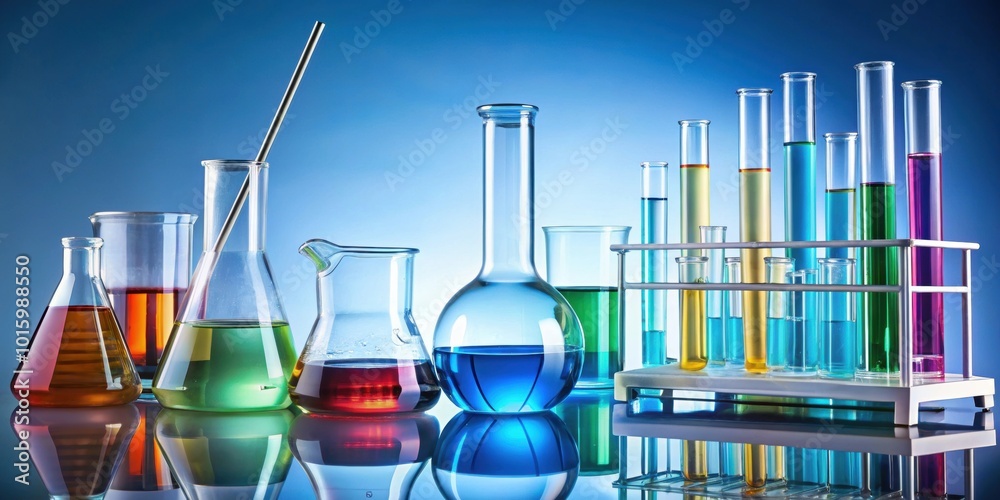 Wall mural Chemical test preparation equipment including beakers, test tubes, and pipettes, laboratory, science, chemistry, research