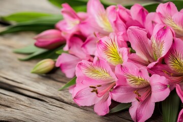 Vibrant pink alstroemeria flowers on rustic wooden background