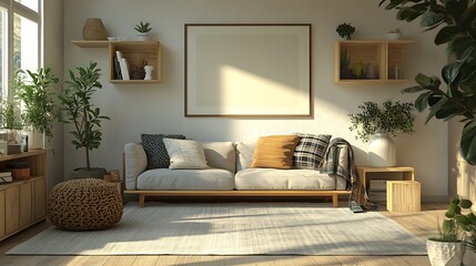 Cozy living room with a sofa, plants, and a large picture frame.