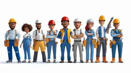 3D Rendered Group of Diverse Construction Workers Posing Together