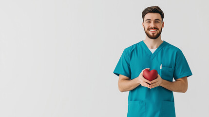 Happy Phlebotomist Holding Heart in Hands in Teal Blue Scrubs on White Background