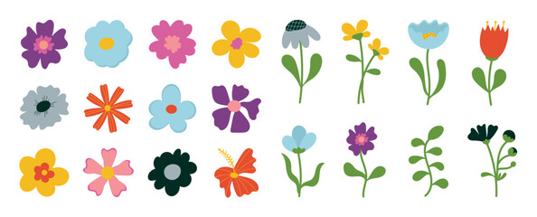 Collection of spring colorful flower element vector. Set floral of wildflower, daisy, sunflower, leaves on white background. Hand drawn blossom illustration for decor, easter, sticker, clipart, print.