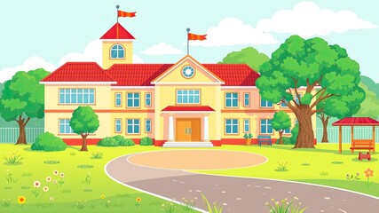 School background, Bright and Cheerful School Building with Playground in the Foreground