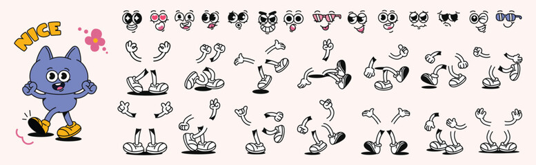 Set of 70s groovy comic faces vector. Collection of cartoon character faces, leg, hand in different emotions happy, angry, sad, cheerful. Cute retro groovy hippie illustration for decorative, sticker.