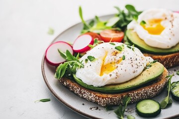 Healthy poached eggs on avocado toast with fresh vegetables