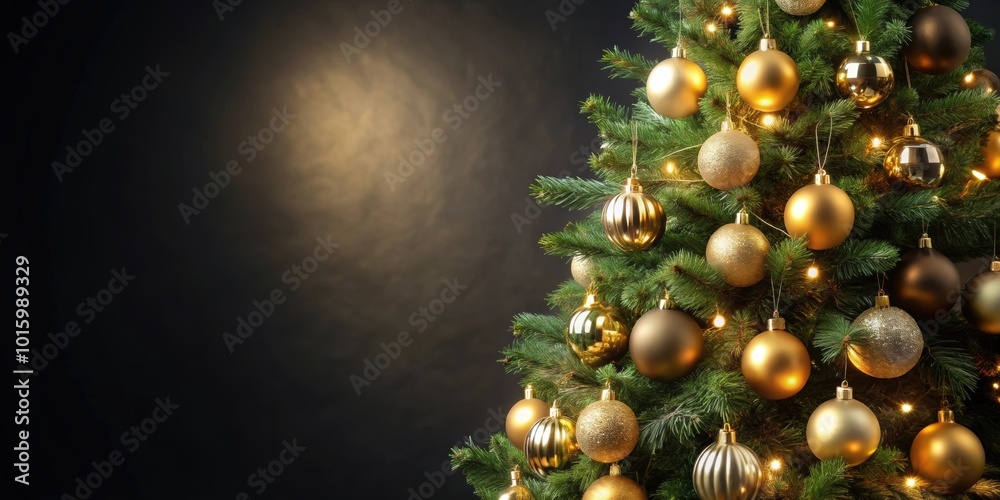 Canvas Prints Christmas tree adorned with garlands and golden balls against a dark backdrop, Christmas, tree, decorated, garlands