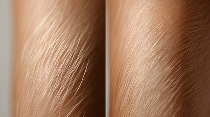 Side-by-side close-up images of leg hair stages, showing the reduction in hair density and thickness with regular waxing, Realistic, High-Resolution