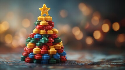 A minimal Christmas tree made of colorful toy blocks on a festive backdrop