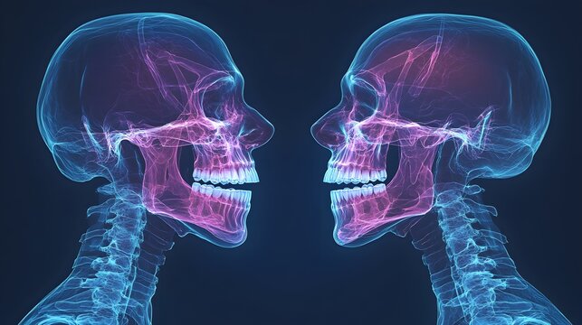 Digital X-ray style, showcasing jaw and teeth repositioning over time with braces, side-by-side comparison of skeletal and dental shifts, Realistic Medical Render