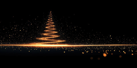 A minimal outline of a Christmas tree with subtle golden lights on black background.
