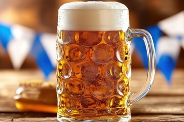 Refreshing beer in glass mug with frothy head on wooden table