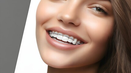 Fototapeta premium Realistic braces case studies with detailed before-and-after teeth alignment photos, in a sleek brochure design, soft shadows and professional typography, Contemporary Style