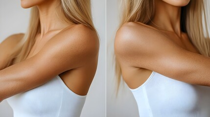 Side-by-side comparison of waxing results on arms, showing a hair-free, smooth finish against untreated skin, Realistic, Bright Lighting, High Detail