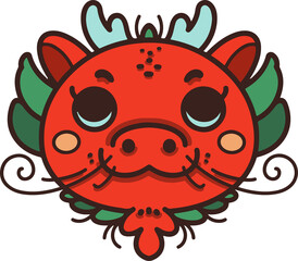 Red Chinese dragon head in a cute hand-drawn cartoon style. Vector illustration is isolated and easy for design projects, logos, or digital art.