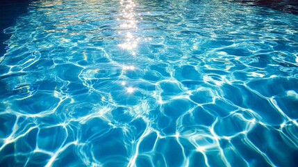 Obraz premium Clear Water in Swimming Pool, shimmering blue liquid with gentle ripples, summer ambiance, sunlight reflecting on the surface, inviting and refreshing setting for relaxation.