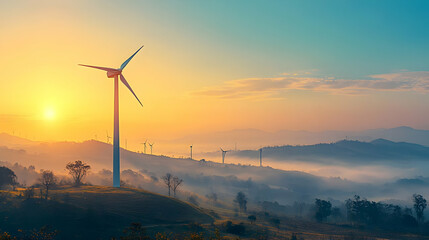 Wind Turbines Stand Tall on Hilltop at Sunset with Foggy Landscape