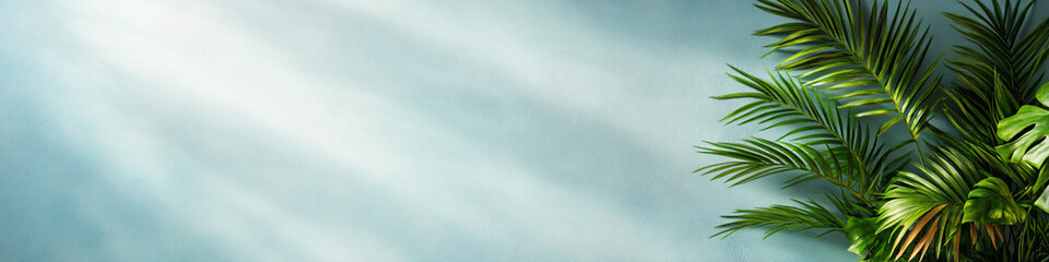 Obraz premium tropical green leaves against a soft blue background