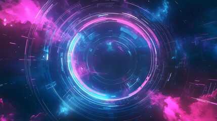 Dark retro futuristic cyberpunk elements abstraction background cosmos synthwave vaporwave retrowave glitch circle with blue and pink glows. 
