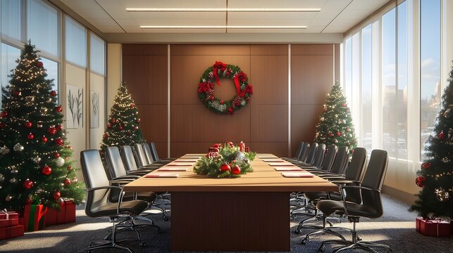 Elegant Christmas Themed Office Conference Room Ready for Holiday Business Presentation