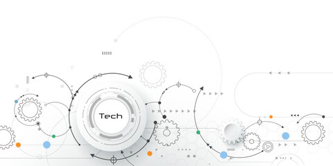 Obraz premium Vector futuristic technology, white gear wheel on circuit board. Illustration design, hi-tech, science engineering, digital computer concept. For wallpaper, web template, business tech presentation