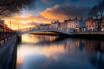 Fototapeta premium Ha'penny Bridge is over river Liffey in sunset, Dublin, Ireland