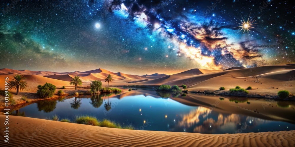 Poster Fantastic dunes in the desert at night with sparkling stars and an oasis , desert, dunes, night, stars, oasis, fantasy