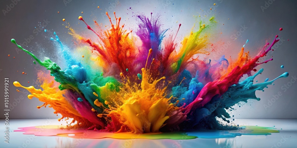 Sticker Dramatic explosion of multicolored paint splashing outward, isolated on background, abstract, vibrant, dynamic, energetic