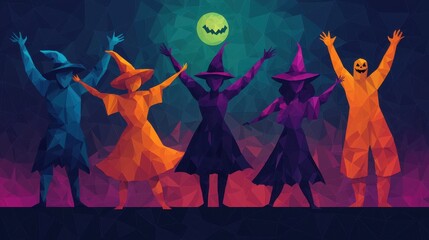 Four colorful figures in witch costumes celebrate under a glowing pumpkin moon, embodying a festive Halloween spirit in a vibrant and abstract design.