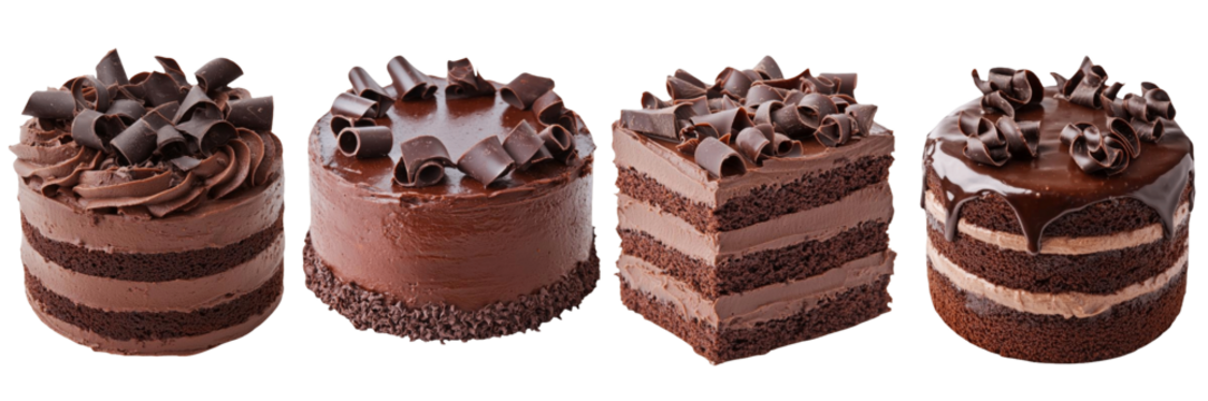 Decadent chocolate cakes with rich layers and chocolate curls create indulgent dessert display. Each cake showcases unique design, perfect for any celebration