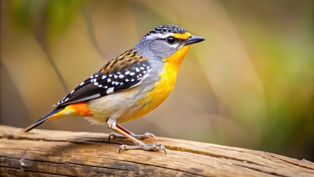 Spotted pardalote bird perched on a log in a peaceful natural setting, spotted pardalote, bird, perched, log, natural