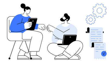 Two individuals using laptops and tablets collaborating on a project. Visible elements include gears and task checklists symbolizing organization, teamwork, and efficiency. Ideal for business