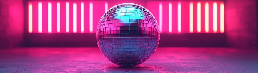 A luminous disco ball reflects vibrant colors against a neon backdrop, creating a dynamic party atmosphere.