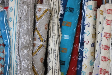 Tunisia, colorful, hand woven wool carpets for sale.