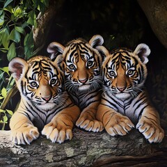 Obraz premium Three Tiger Cubs Resting on a Branch in the Jungle