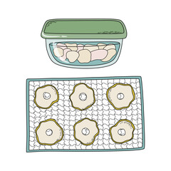 Sliced dry fruits or vegetables on metal grid rack and in plastic container. Dehydrated food preparation process, storage step. Home canning concept. Hand drawn doodle style vector illustration.