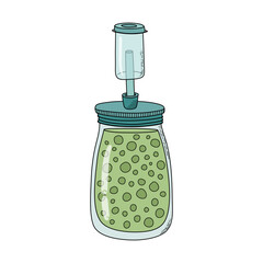 Fermentation step. Pack ingredients into vessel and add liquid. Home canning concept. Hand drawn doodle style vector illustration.
